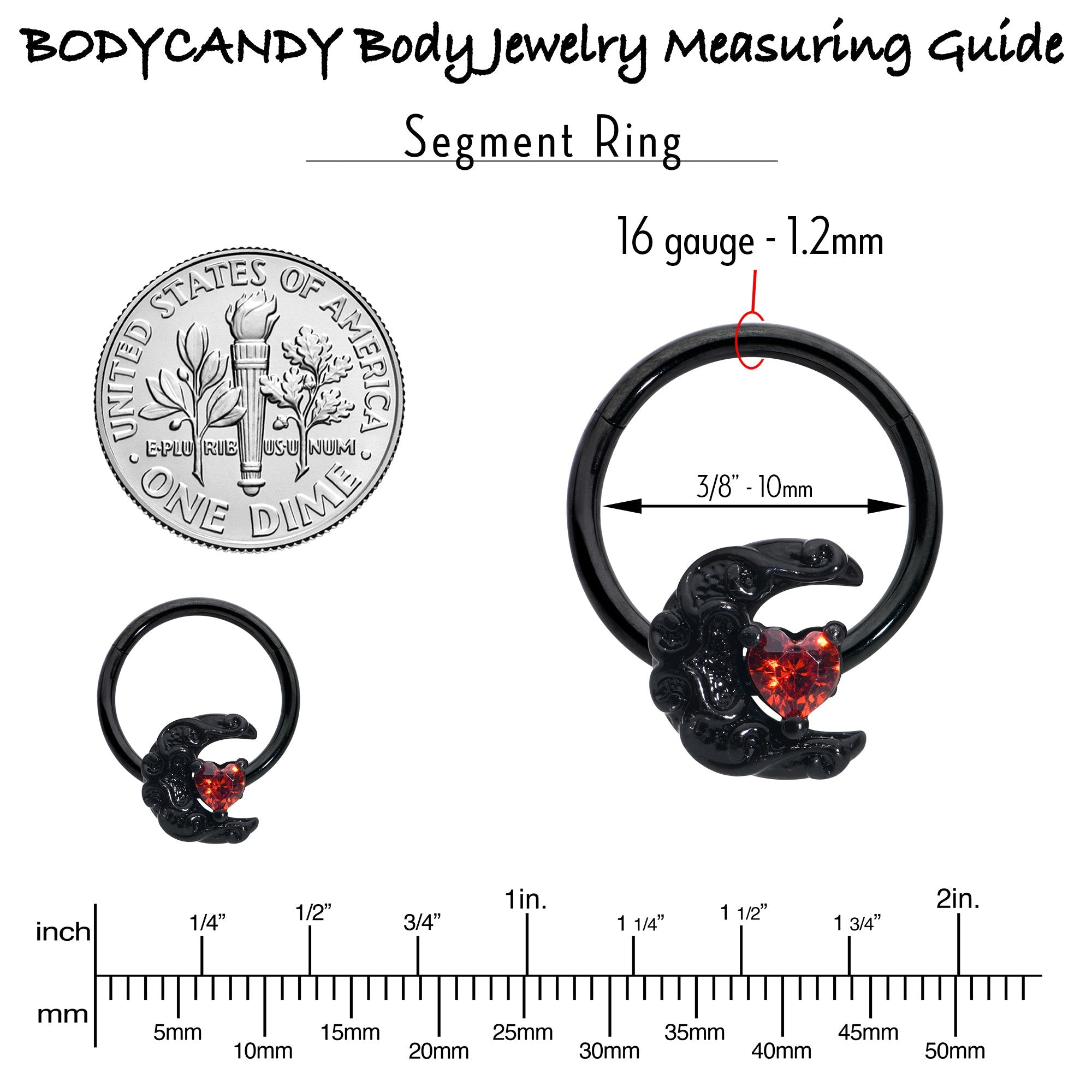 16G 3/8 Red CZ Gem Black Scroll Moon Heart Hinged Segment Ring