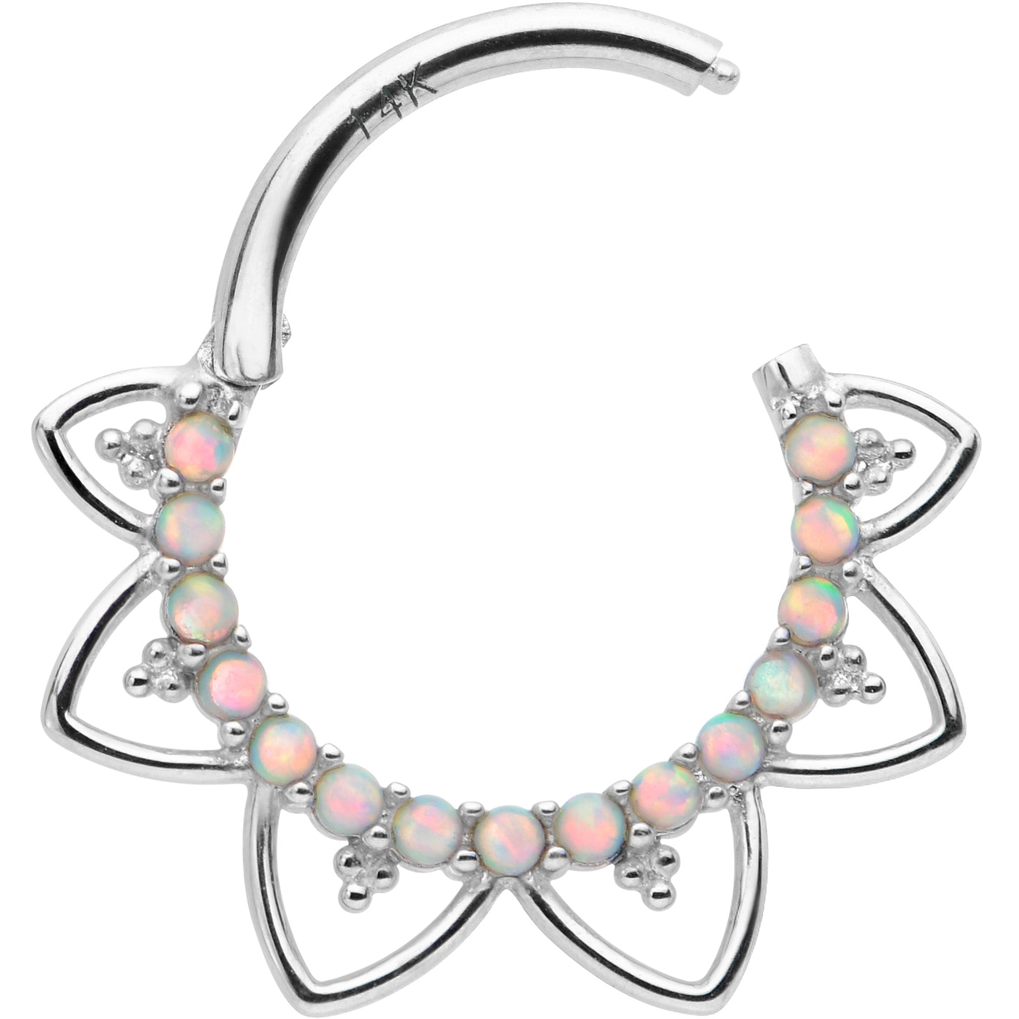16G 3/8 White Synthetic Opal 14k White Gold Filigree Hinged Segment Ring