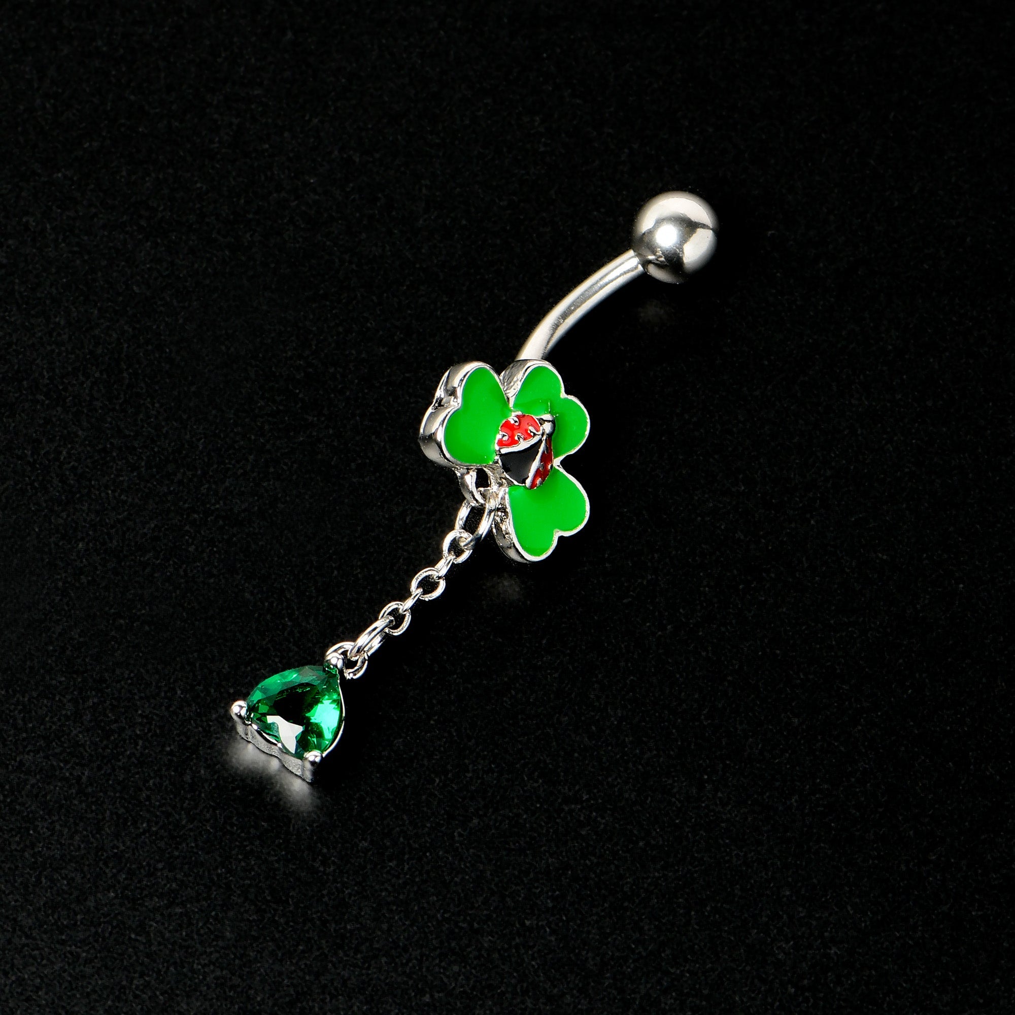 Green Gem Shamrock Ladybug St Patricks Dangle Belly Ring