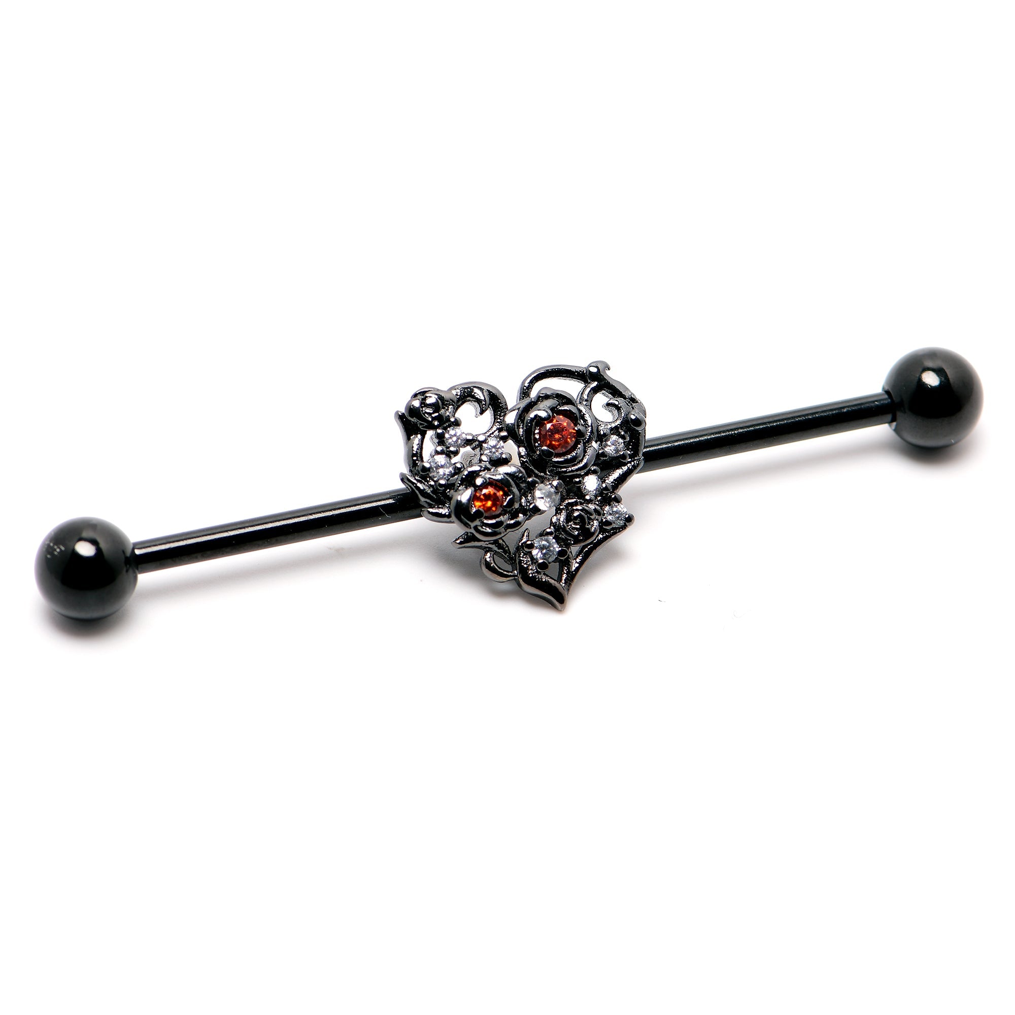 14G Clear Red CZ Gem Black Heart Floral Industrial Barbell 38mm
