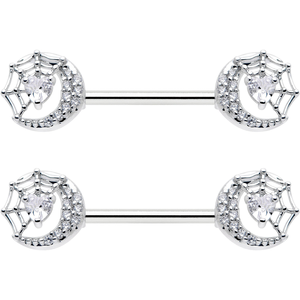 14G 9/16 Clear CZ Gem Heart Web Moon Barbell Nipple Ring Set