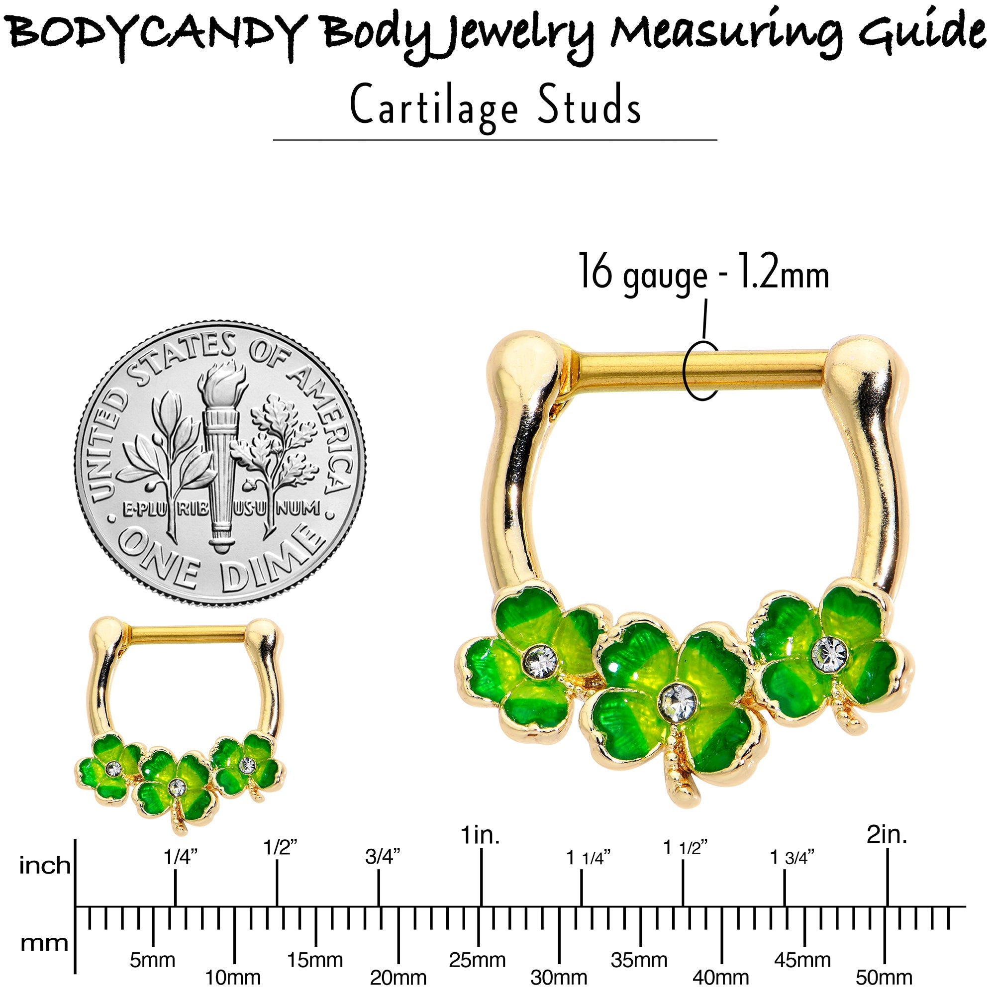 16G 5/16 Clear Gem Gold Tone Lucky Shamrock Cartilage Clicker