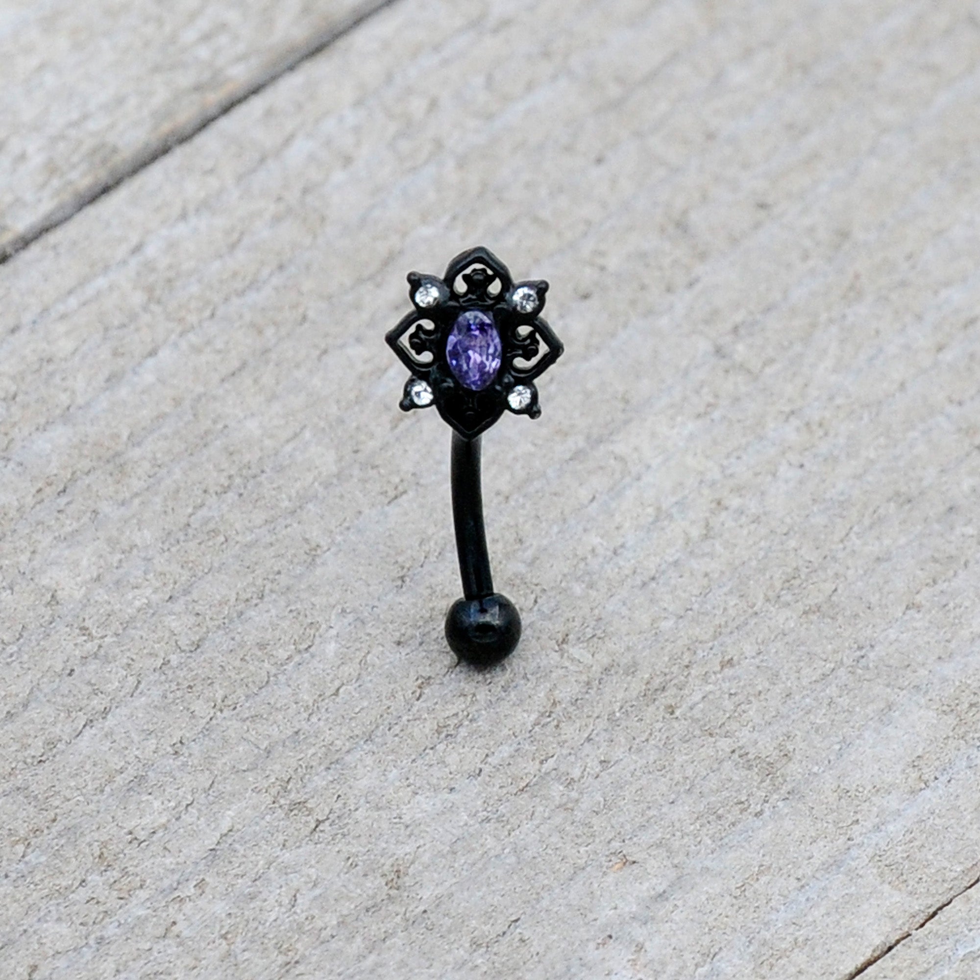 16G 5/16 Purple Gem Black Scrolling Hearts Curved Eyebrow Ring