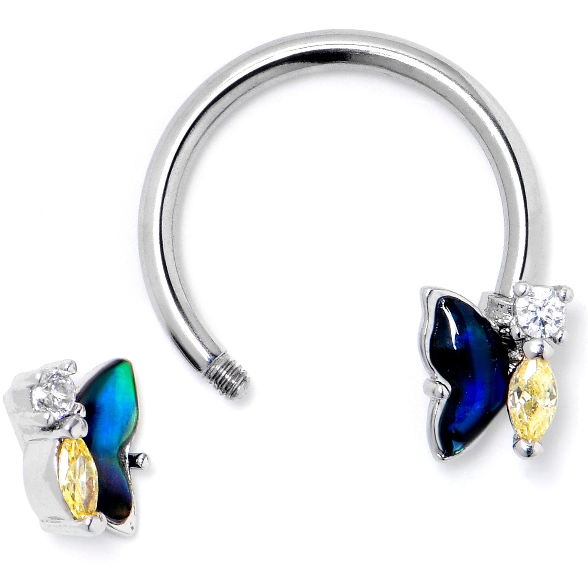 16G 3/8 Yellow Clear Gem Dark Butterfly Horseshoe Circular Barbell