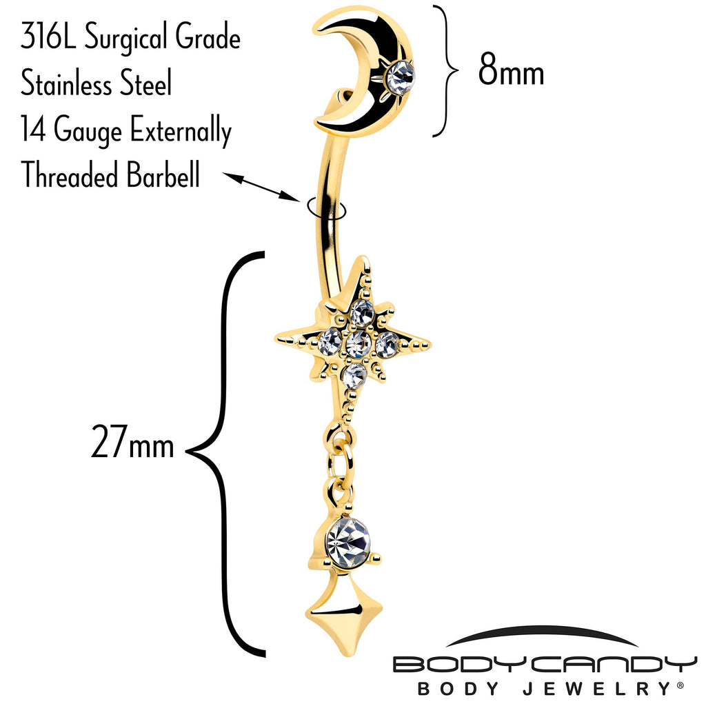 Clear Gem Gold Tone Celestial Glam Dangle Double Mount Belly Ring