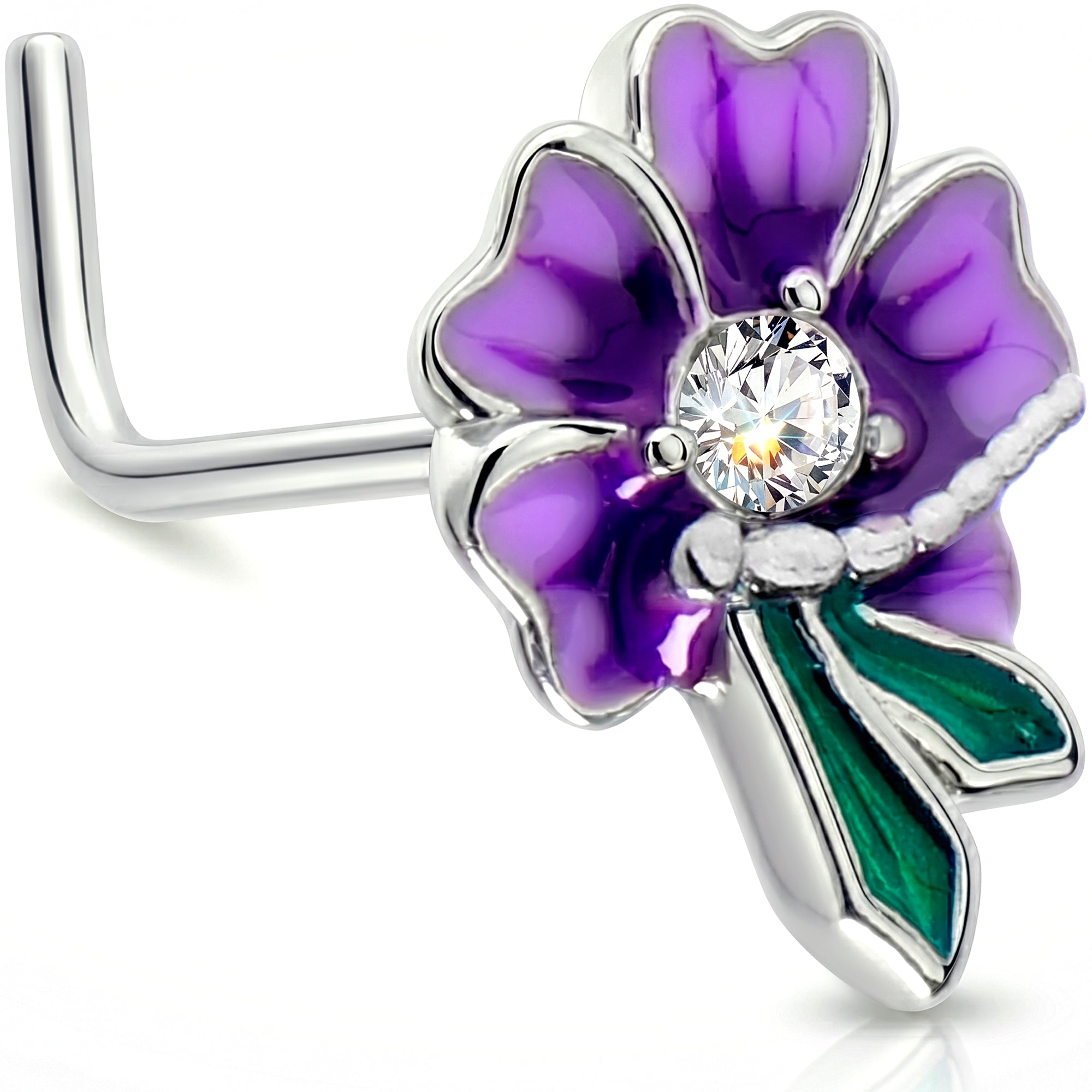 20G 1/4 Clear Gem Faerie Flower Purple L Shape Nose Ring