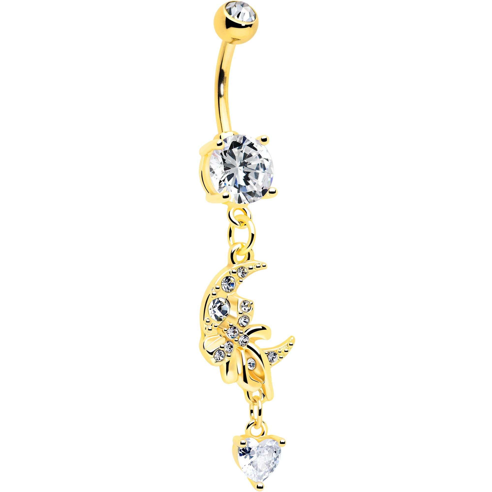 Clear CZ Gem Gold Tone Moon Bow Heart Dangle Belly Ring