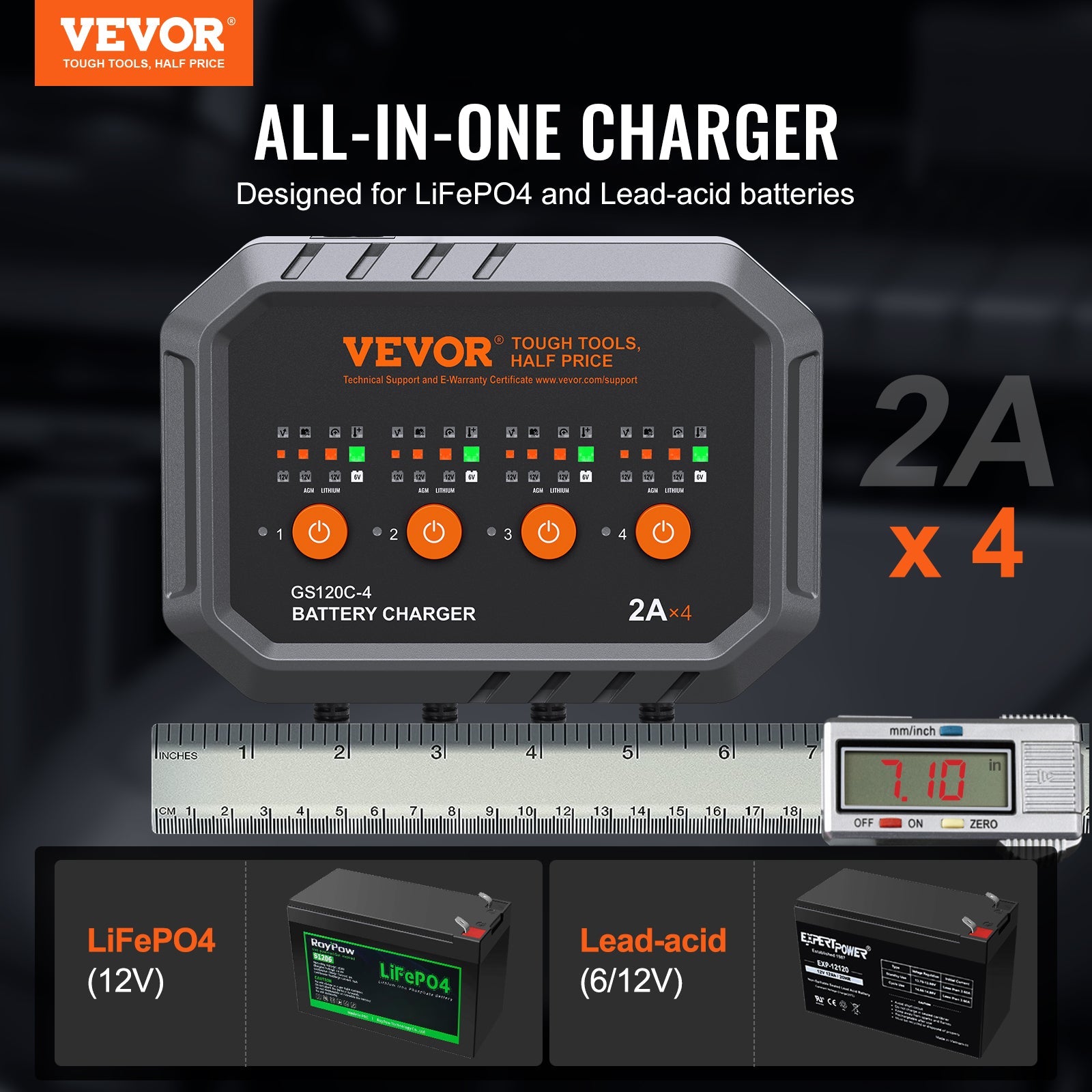 VEVOR Smart Battery Charger, 8-Amp, LiFePO4 Lead-Acid Car Battery