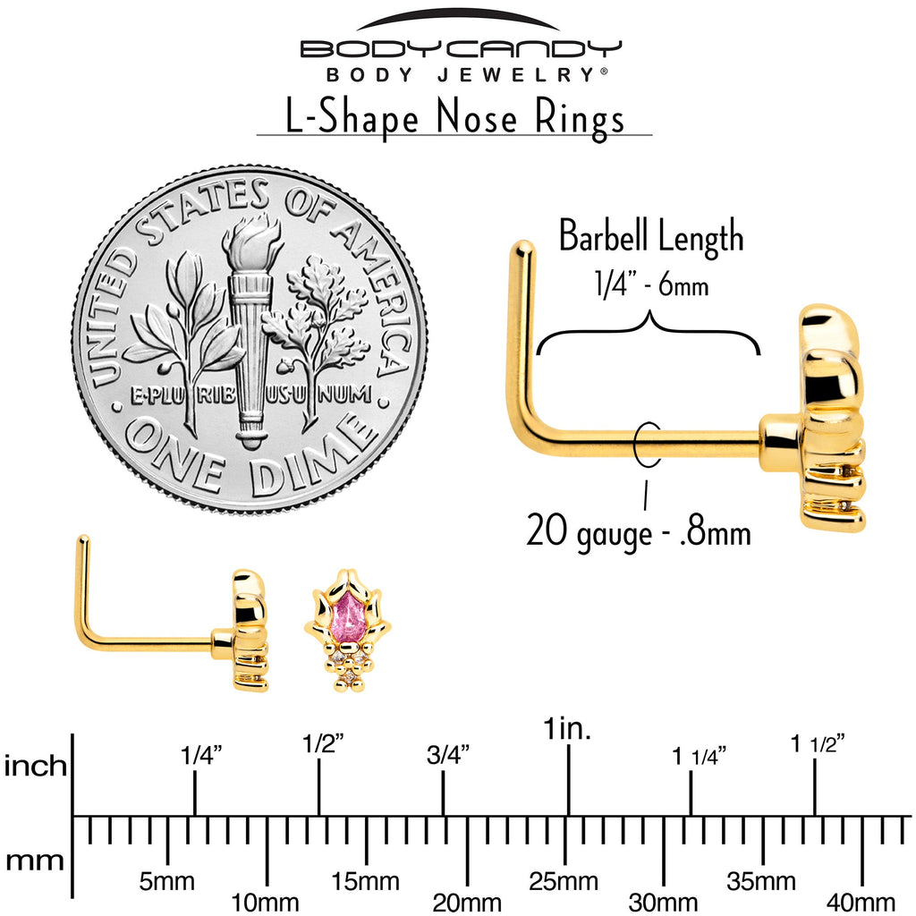 20G 7mm Pink CZ Gem Gold Tone Style Fire L Shape Nose Ring