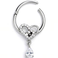 16G 3/8 Clear CZ Gem Asymmetrical Heart Dangle Hinged Segment Ring