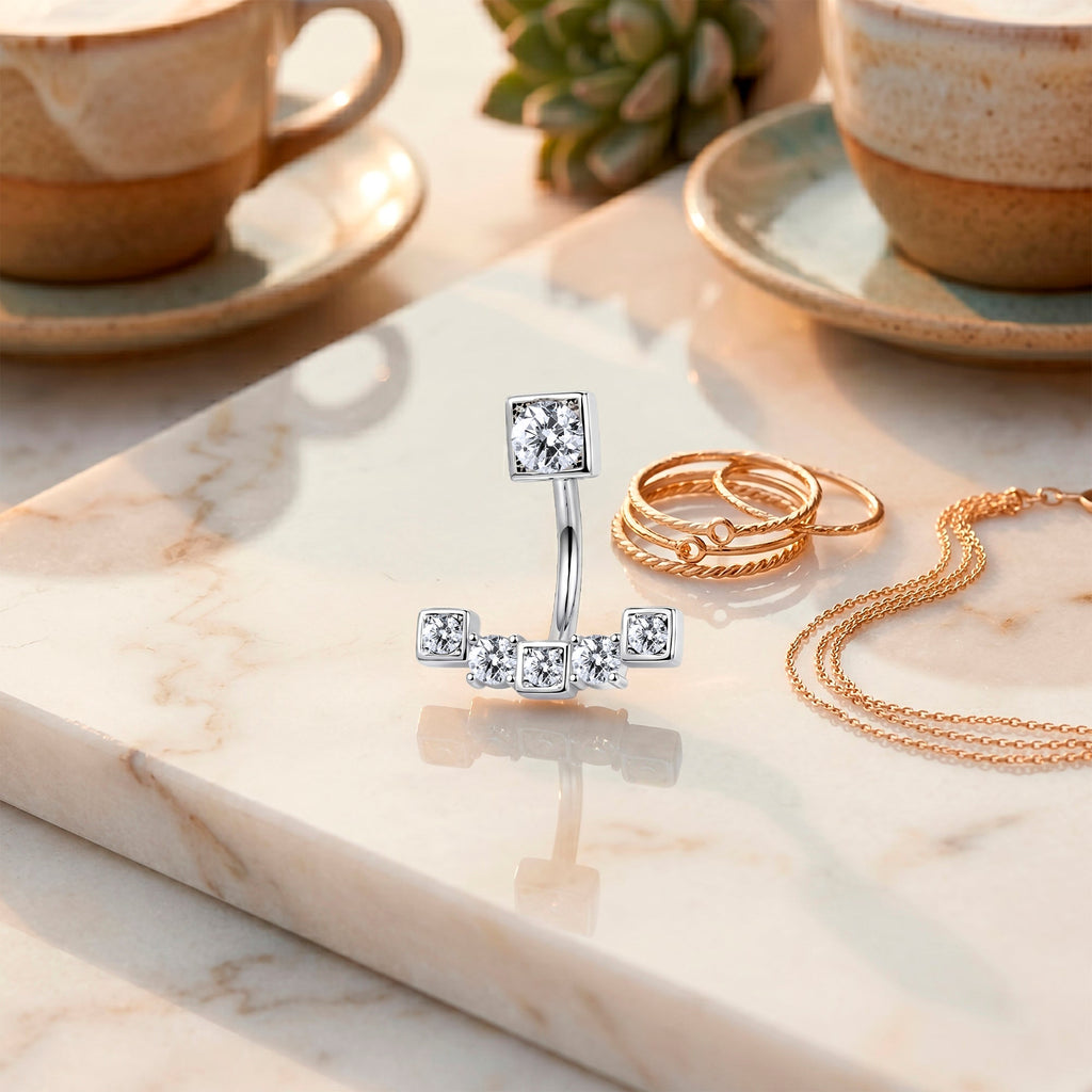 Clear CZ Gem Blocky Arch Double Mount Belly Ring