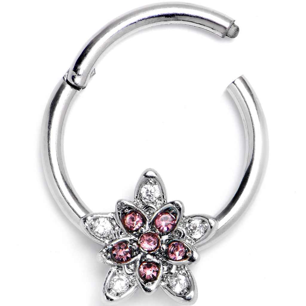 16G 3/8 Pink Clear CZ Gem Snowflake Flower Hinged Segment Ring