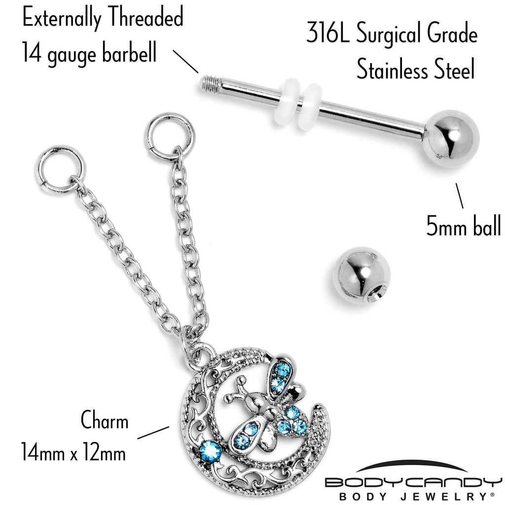 14G 9/16 Blue Gem Lunar Dragonfly Chain Dangle Nipple Ring Set