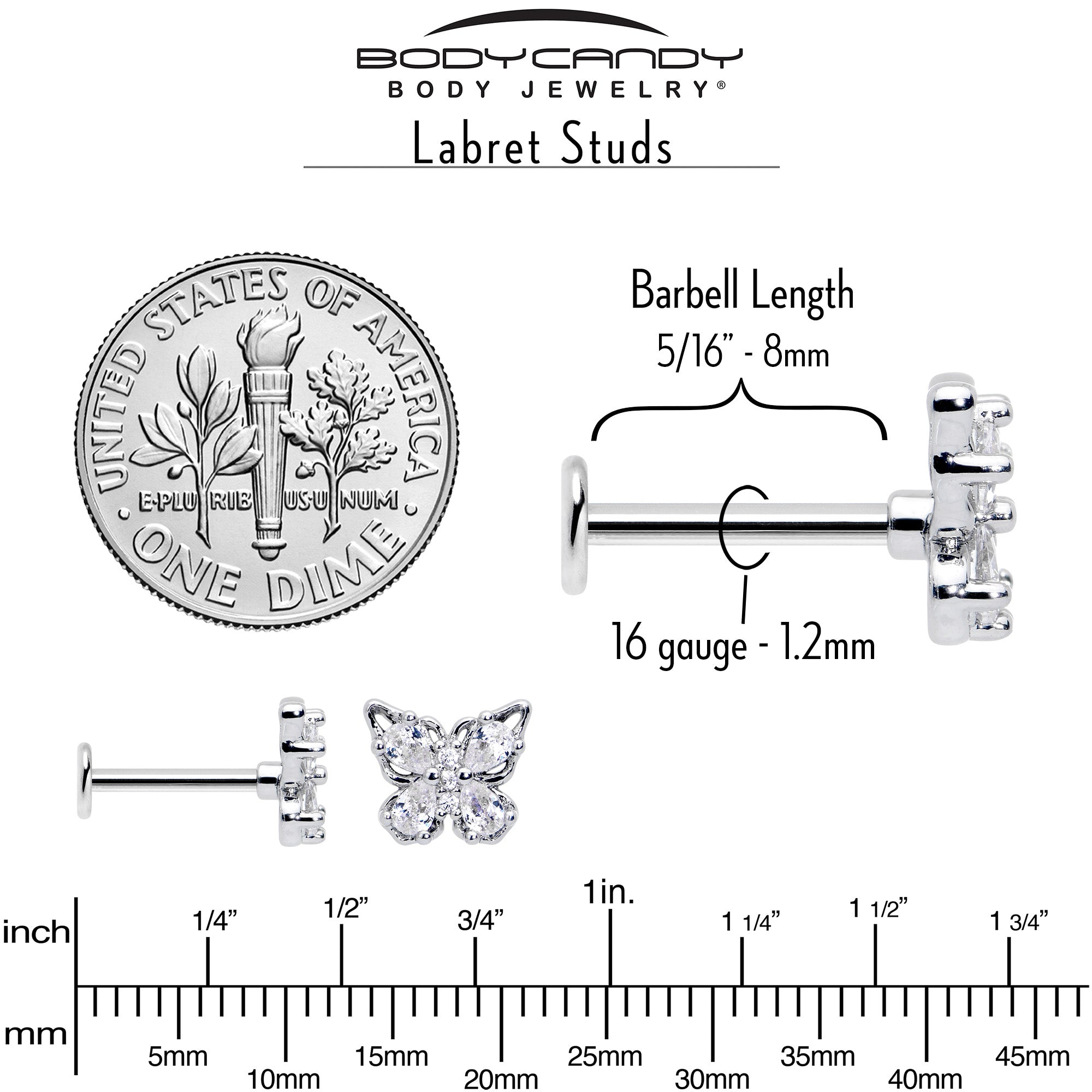 16G 5/16 Clear Gem Baroque Butterfly Internally Threaded Labret