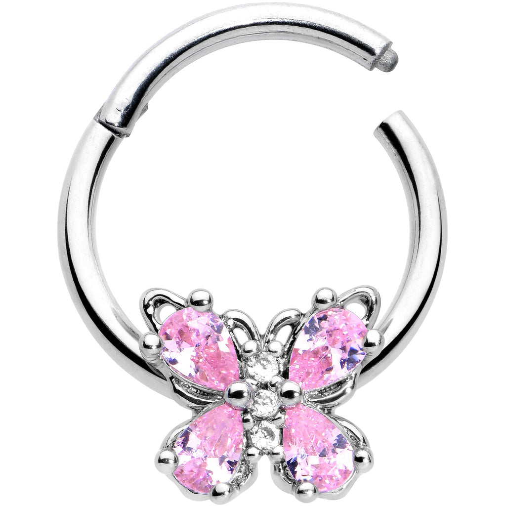 16G 3/8 Pink Gem Baroque Beauty Butterfly Hinged Segment Ring