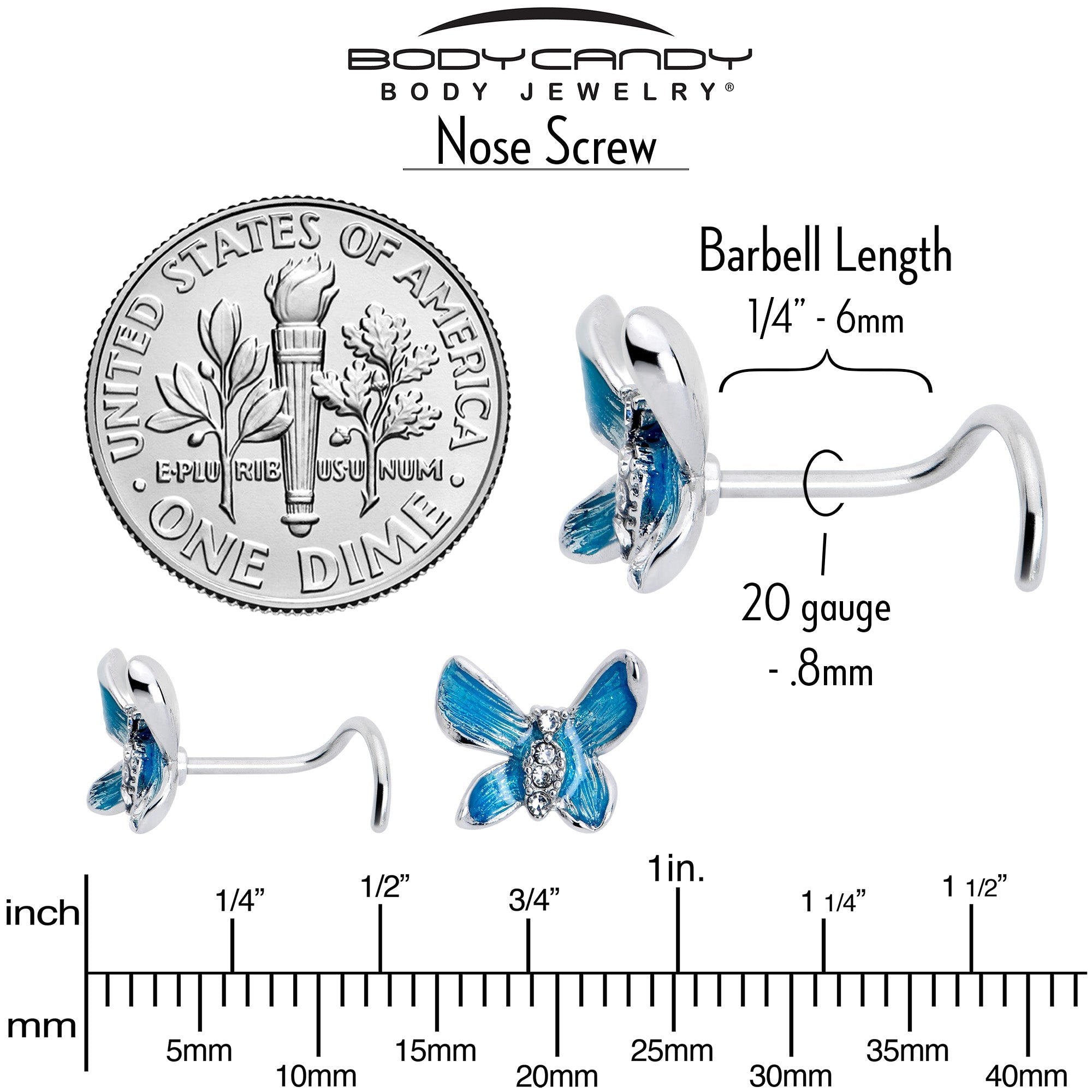 20G 7mm Clear Gem Chunky Butterfly Blue Left Side Nose Screw