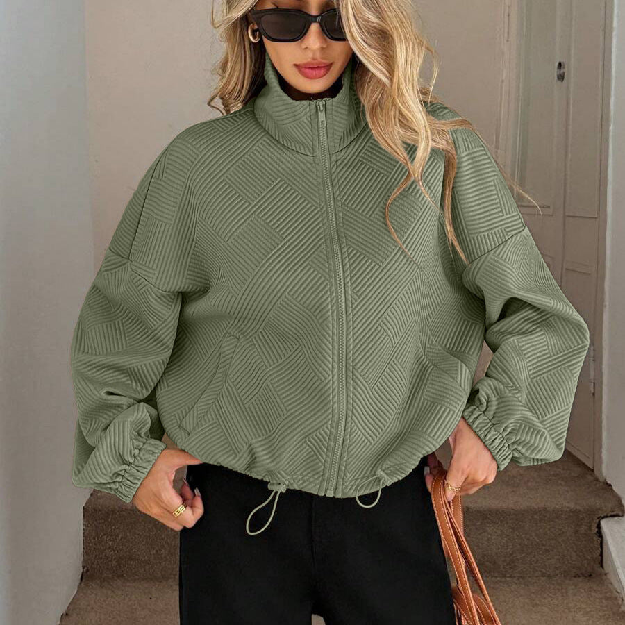 High neck zipper hem drawstring pocket women's loose jacket
