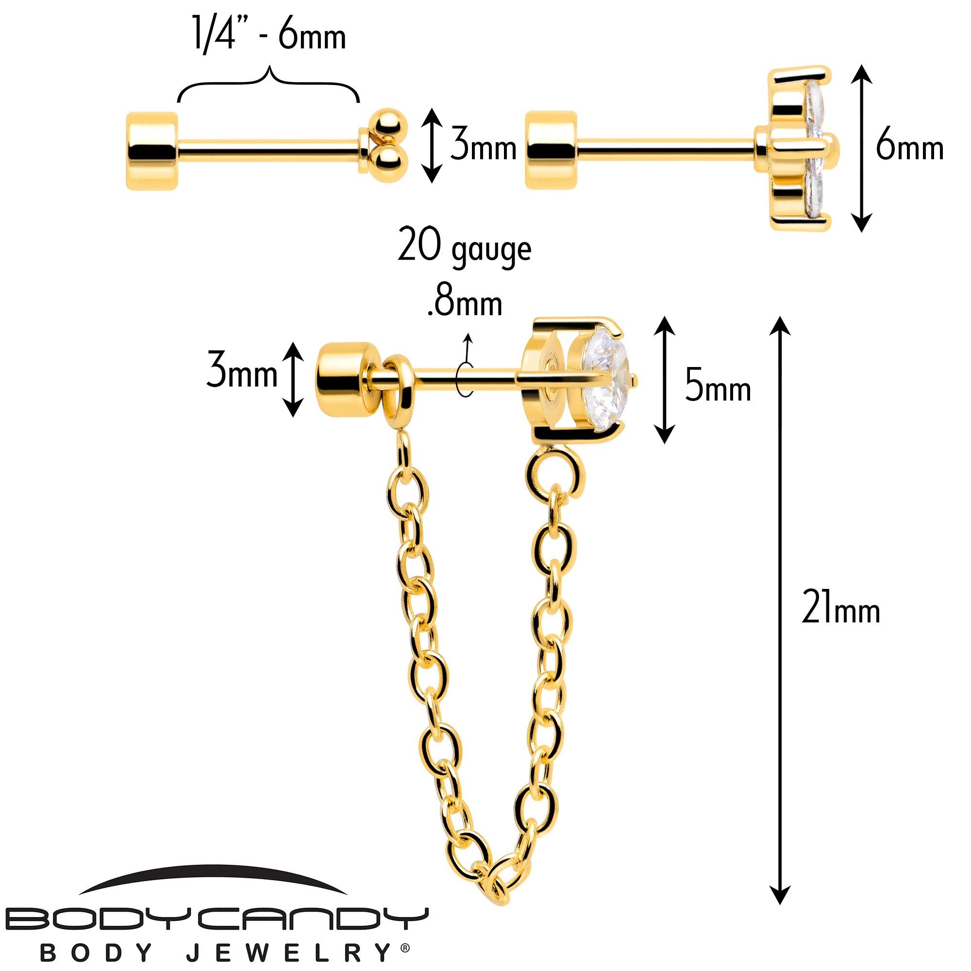 20G Clear Gem Gold Tone Ball Chain Dangle Flatback Earring Set of 6