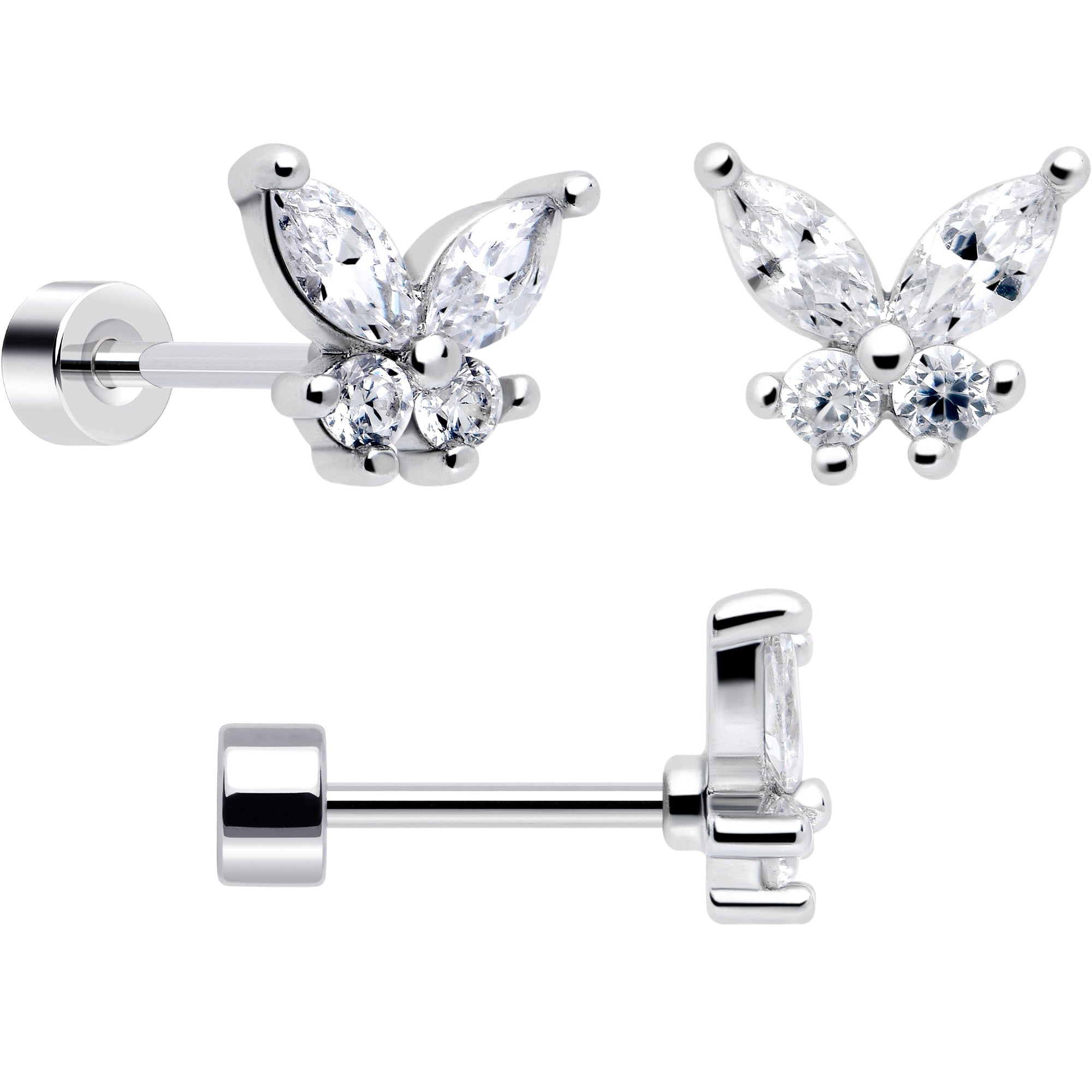20G Clear Gem White Orb Butterfly Flatback Earring Set of 6