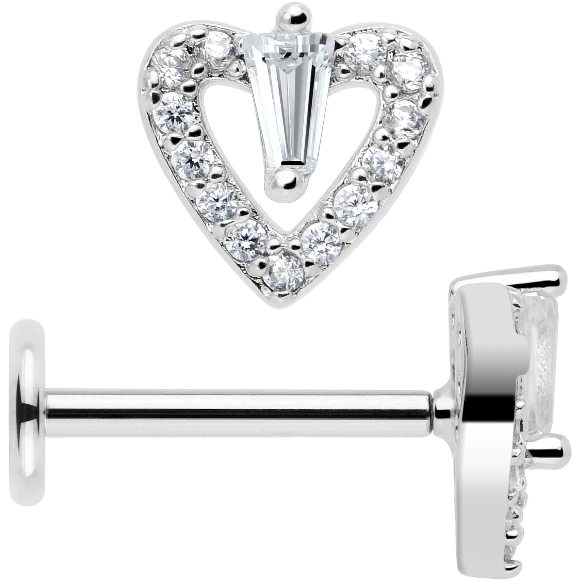 18G 5/16 CZ Gem Heart Threadless Push In Labret Monroe Tragus