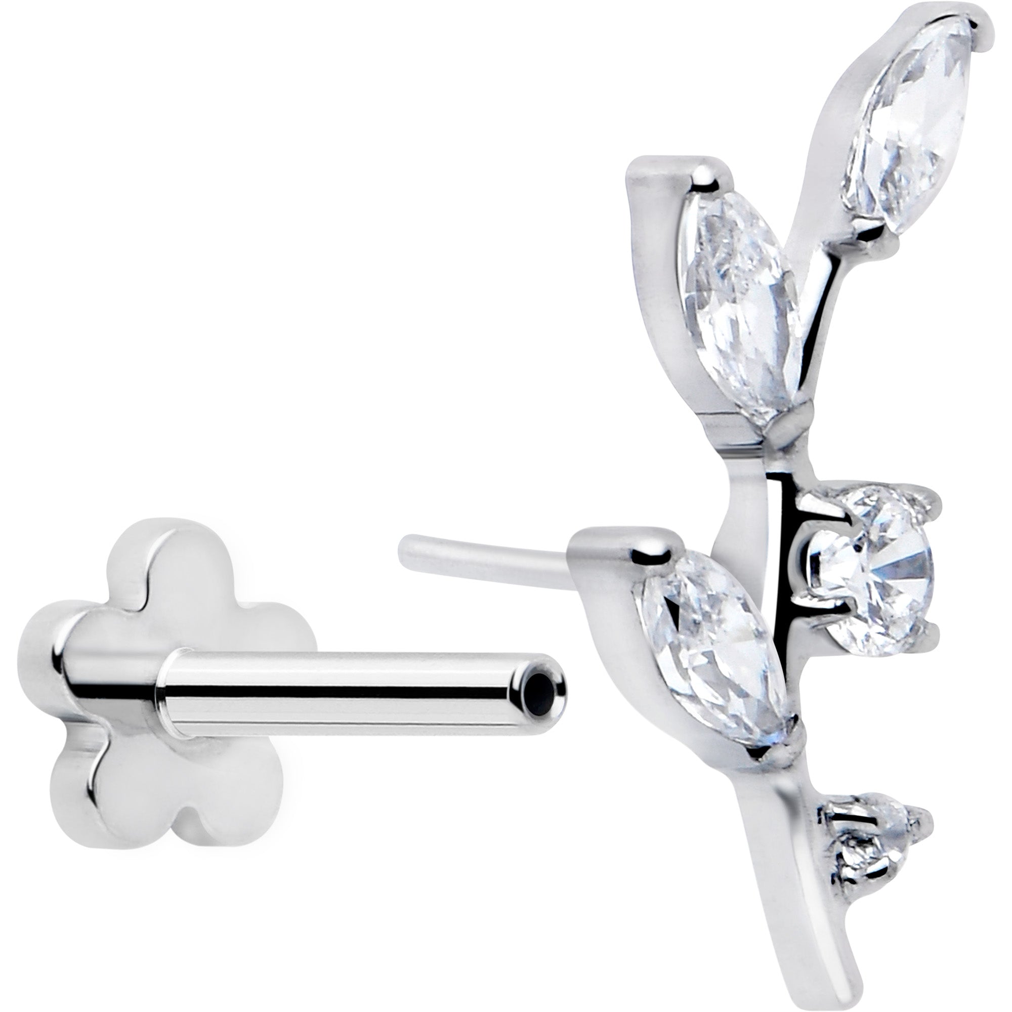 18G 1/4 Clear Gem Implant Grade Titanium Leaves Threadless Flatback Stud