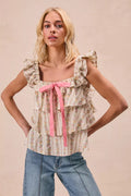 BiBi Floral Printed Woven Front Bow Tied Ruffled Square Neck Sleeveless Top