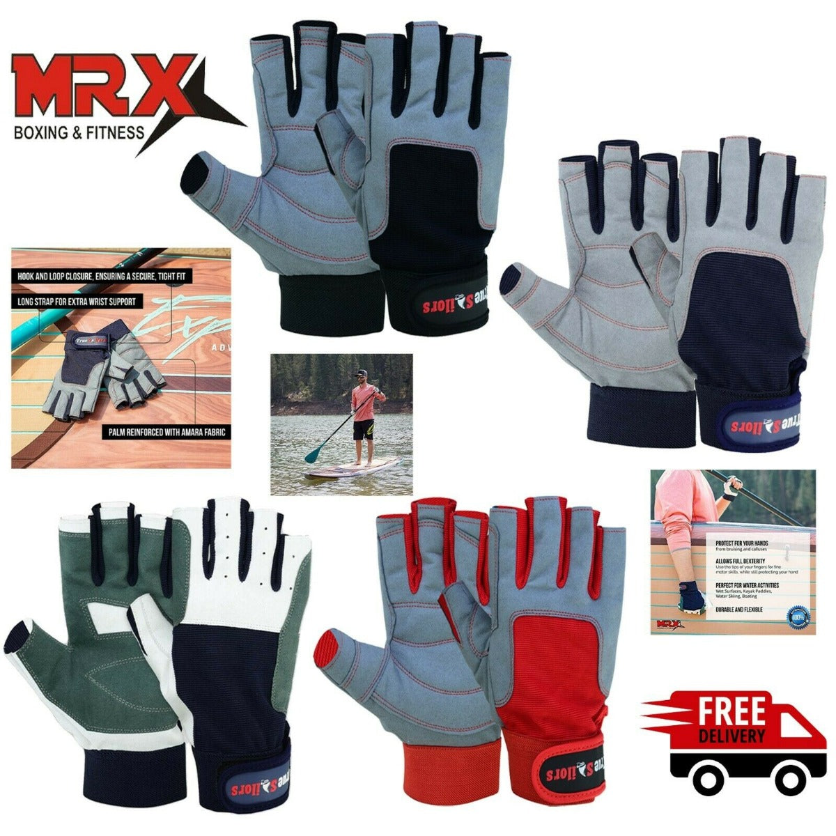 Sailing Gloves All Cut Fingers Blue Grey kayaking watersports
