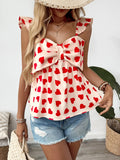 Heart Print Bow Front Peplum Blouse