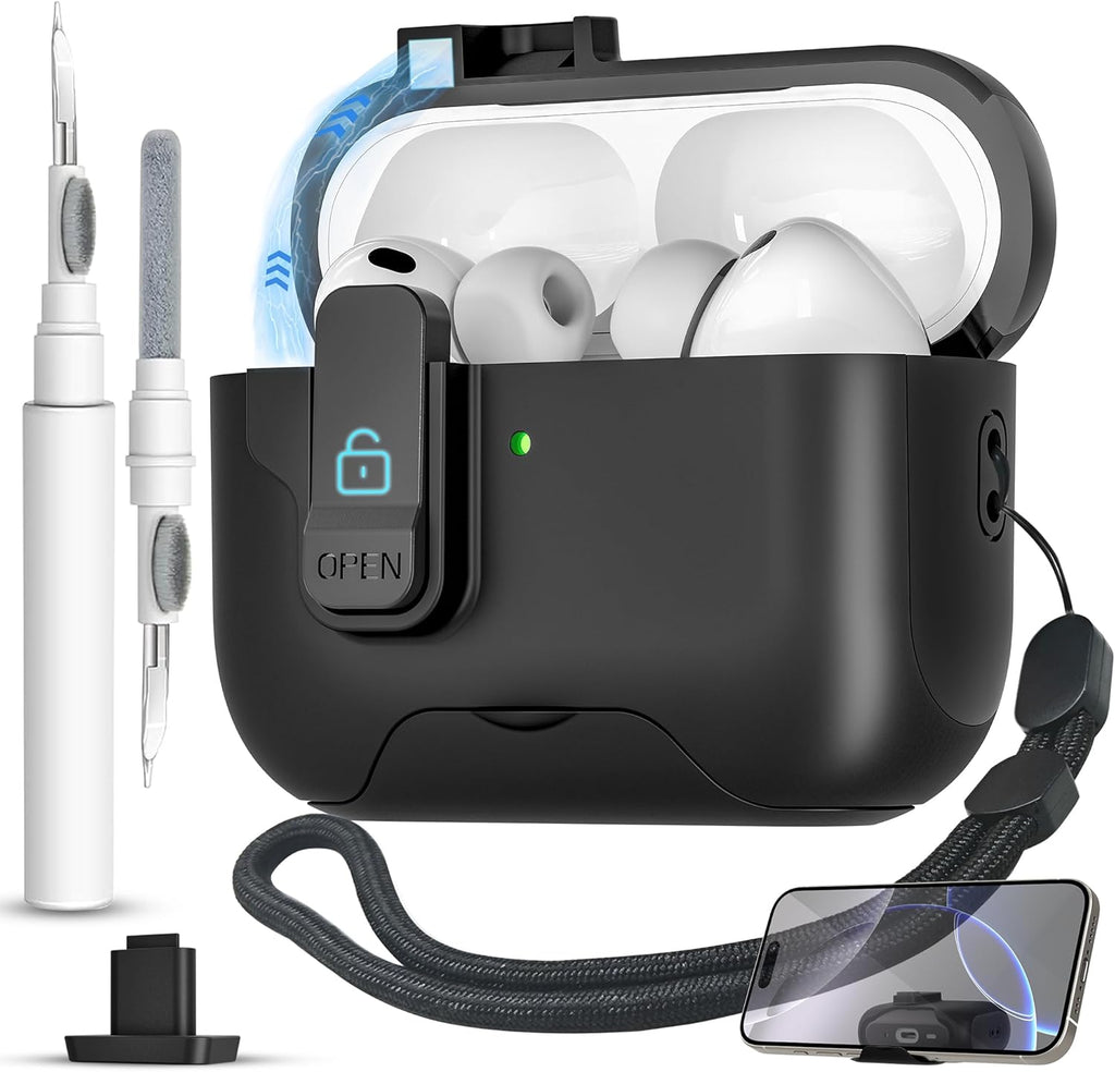 For Airpods Pro 3 Case(2025) with Secure Lock Clip, Automatic Pop-Up Full Drop Protective Hard Cover for Apple Airpod Pro 3Rd Generation with Lanyard & Cleaning Kit (Black-A)