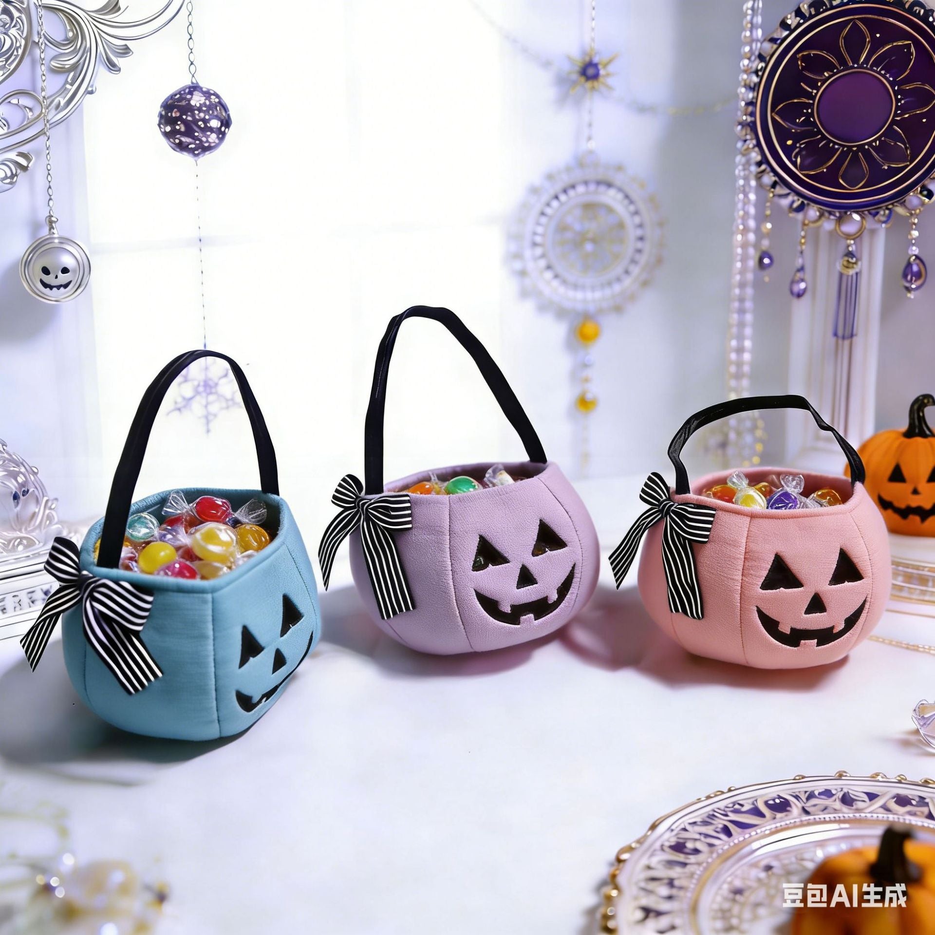 Halloween Handheld Bow Embroidered Candy Bag Kids Festival Decoration Prop Ghost Festival Pumpkin Bucket Trick-or-Treat Bag