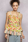 POL Floral Smocked Ruffled Cami with Tie Shoulder Straps