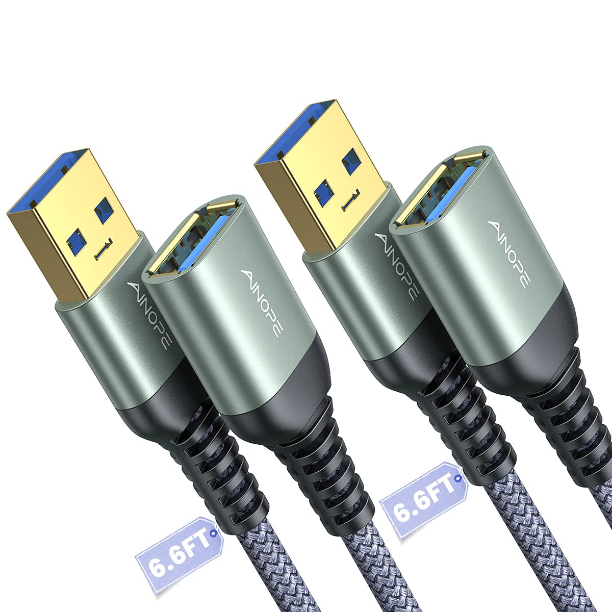 USB Extension Cable 2Pack 6.6FT USB 3.0 Extender Male to Female Grey | 5Gbps High Data Transfer Cord for Printer Webcam Flash Drive Hard Drive Hub Keyboard Mouse Camera Playstation Xbox and More