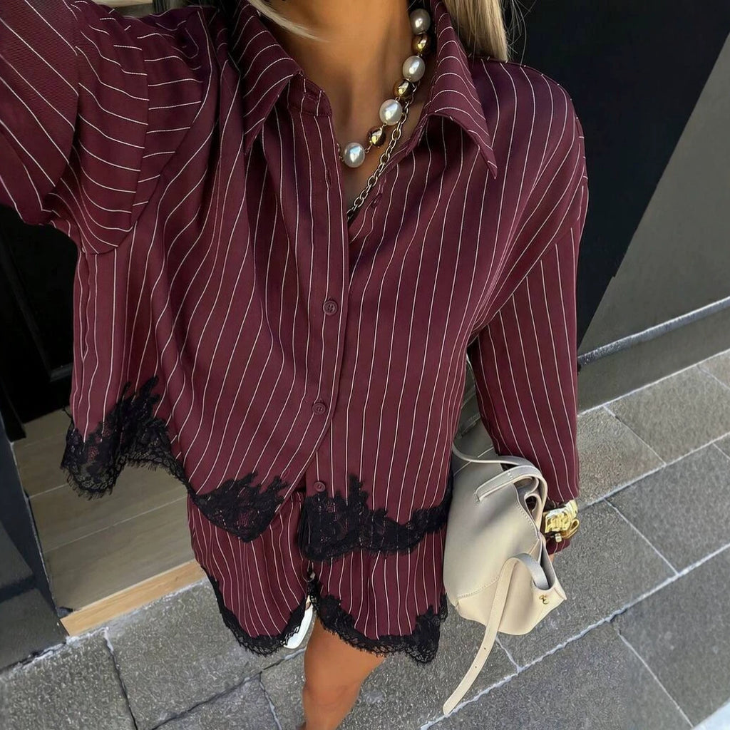 Women's striped shirt drawstring shorts set