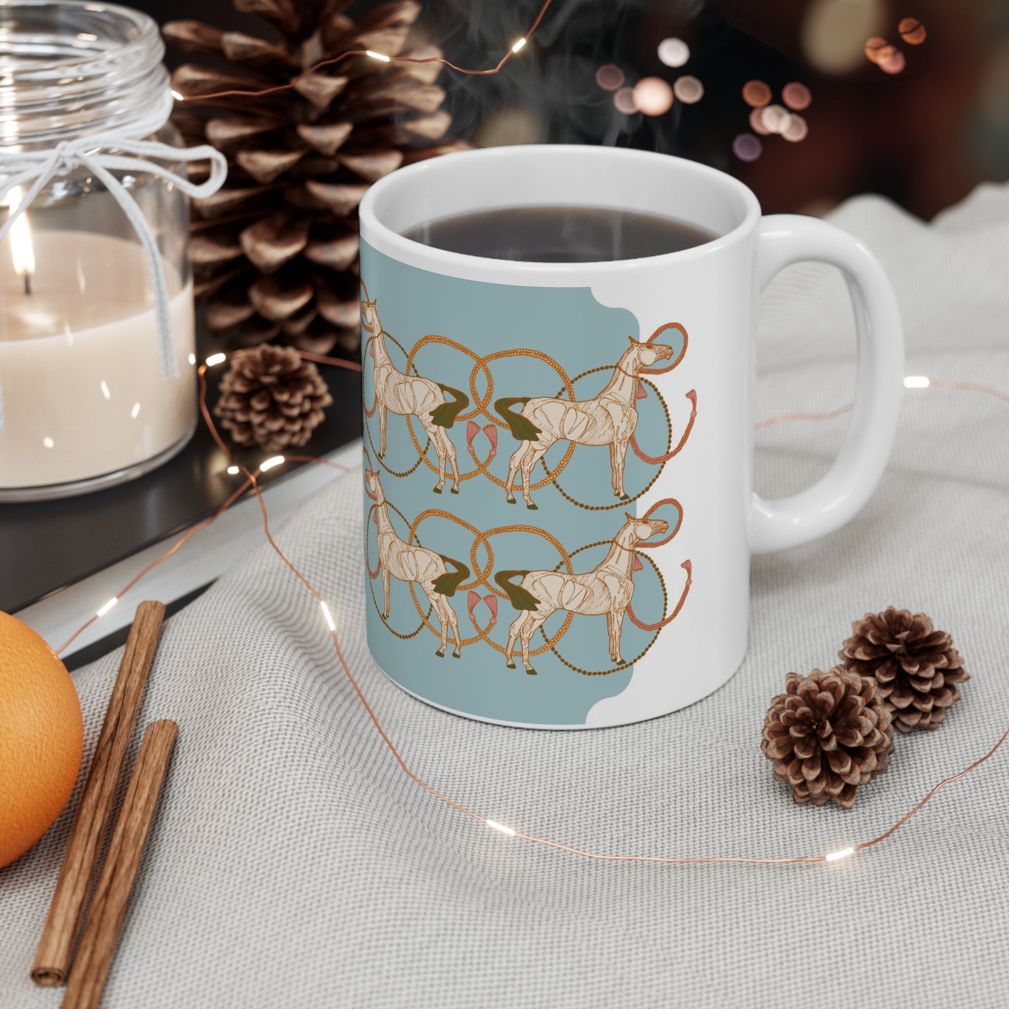 Ceramic Mug 11oz in Roped Horses on Sky Blue
