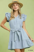 Umgee Chambray Ruffled Denim Dress with Side Pockets