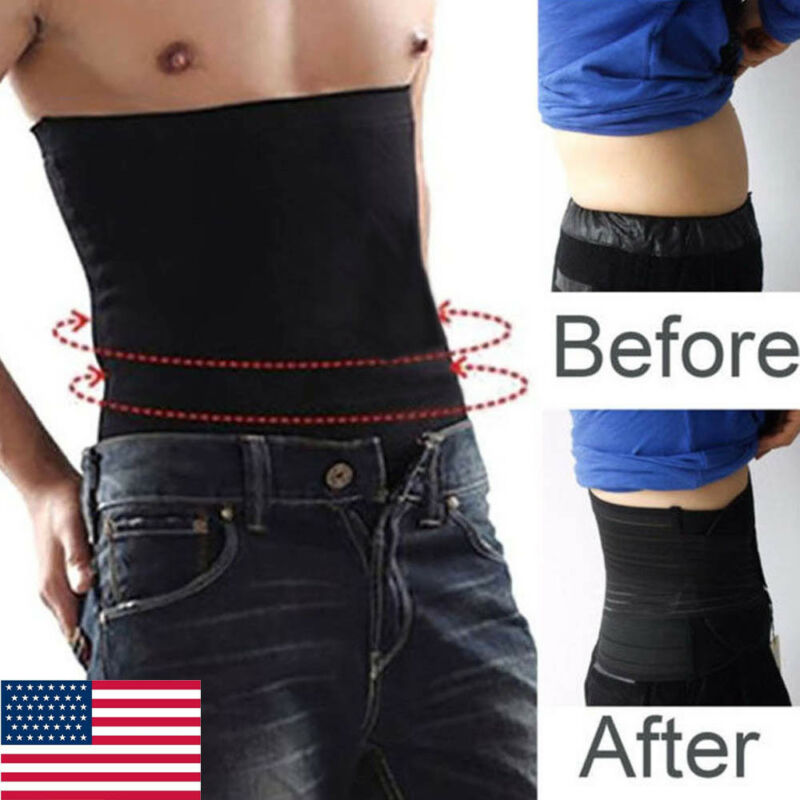 Men's waist trainer gym corset showing before and after results of waist slimming support.