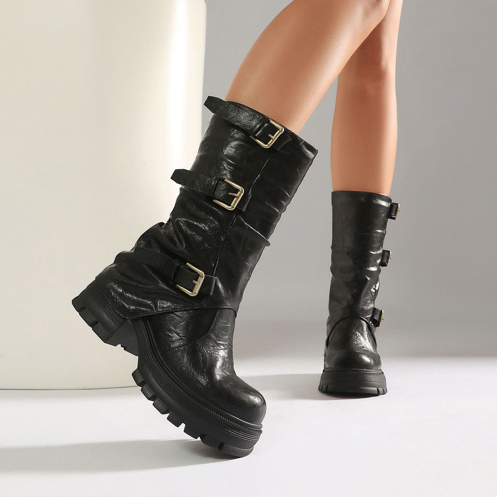 Thick Heel High Heel Women's Short Boots with Belt Buckle Slip-On Tube Boots