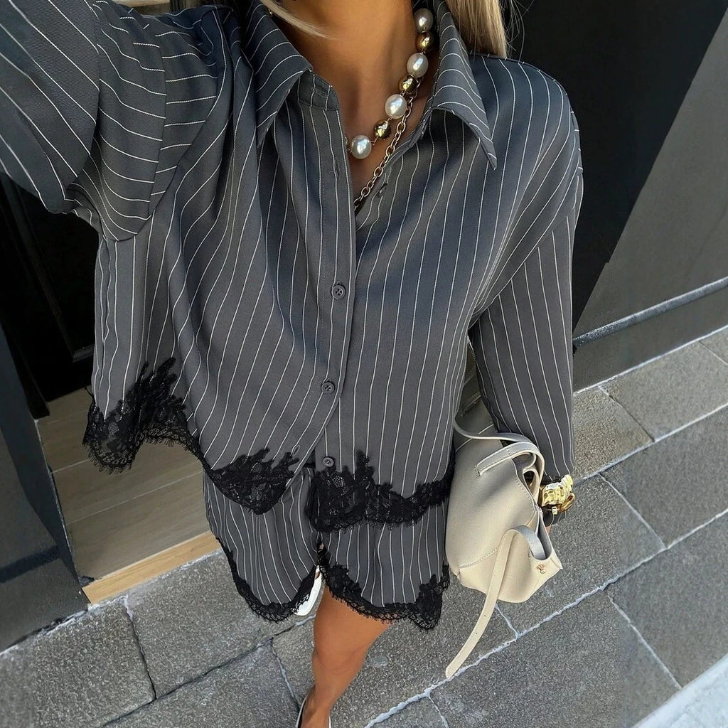 Women's striped shirt drawstring shorts set