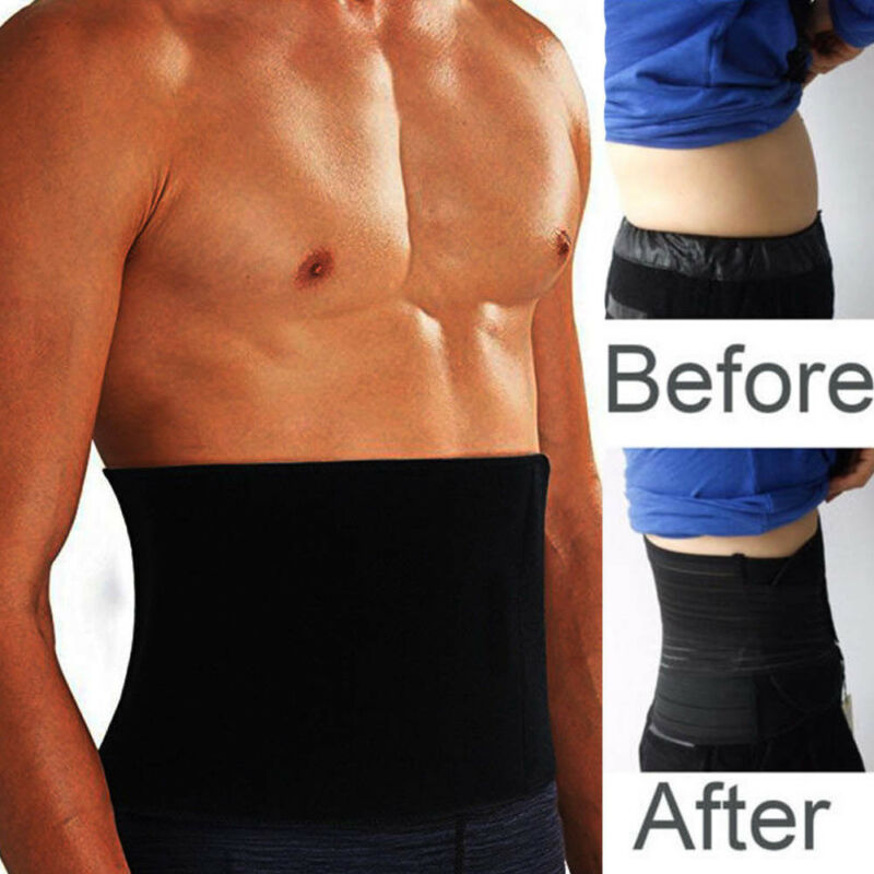 Men's waist trainer gym corset shown on a male model demonstrating before and after body shape.