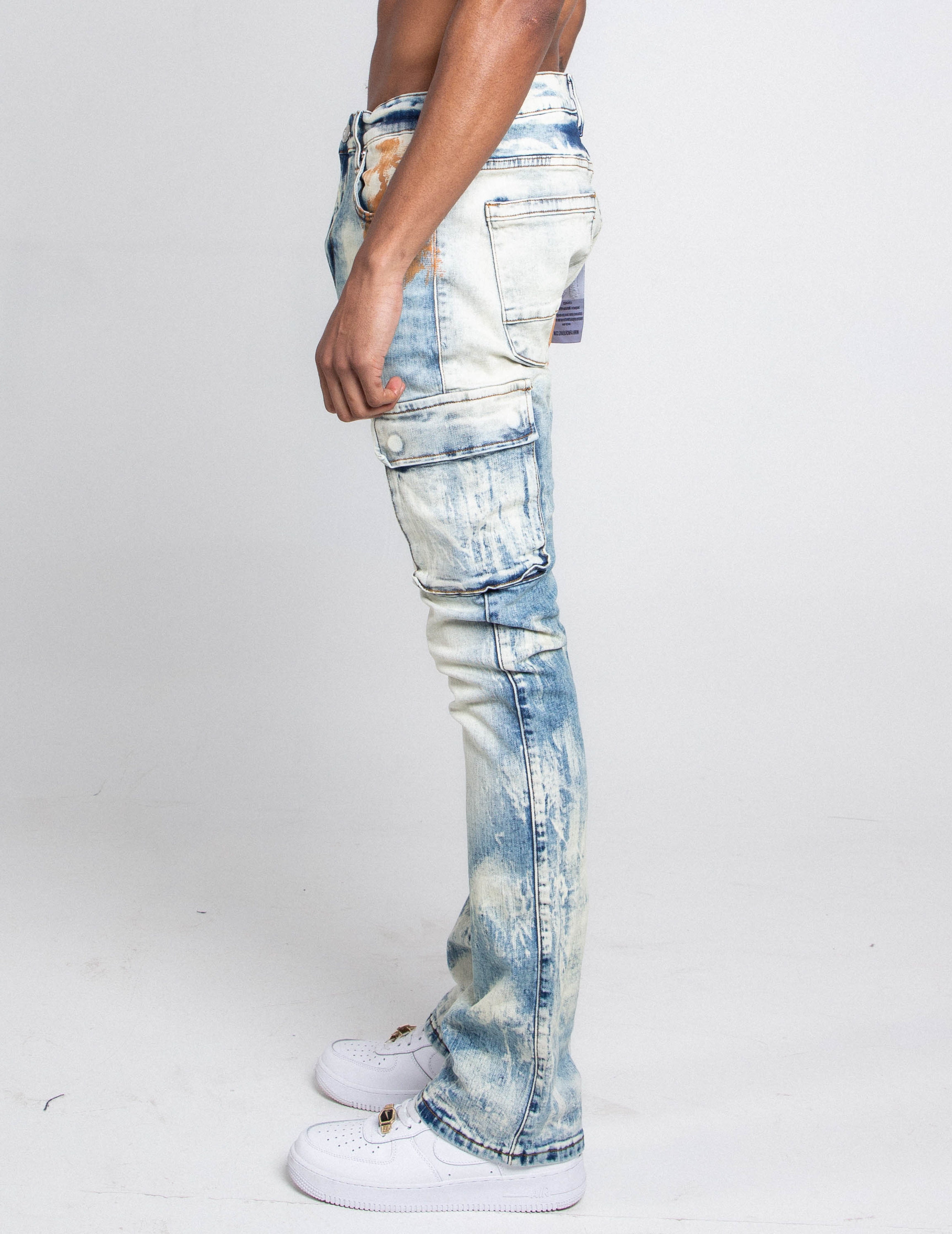 AJ29SK GREY/WHITE WASH STACKED CARGO JEANS