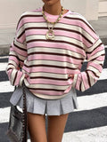 Round neck contrasting striped pullover loose hoodie