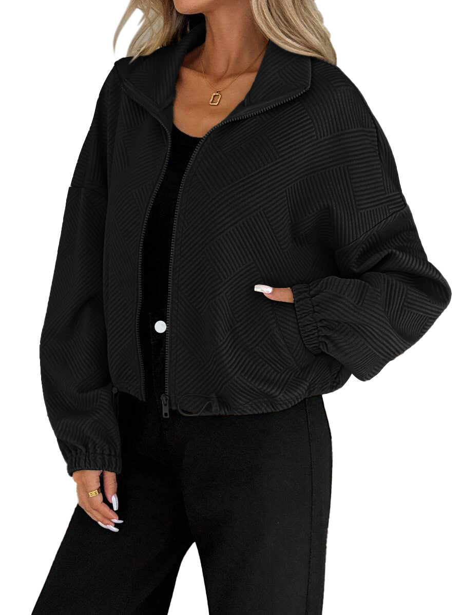 High neck zipper hem drawstring pocket women's loose jacket