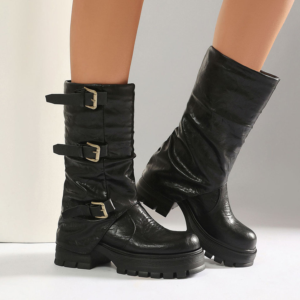 Thick Heel High Heel Women's Short Boots with Belt Buckle Slip-On Tube Boots