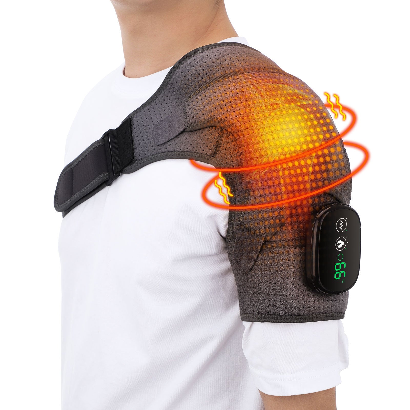 Massage Shoulder Support with Touchscreen Controller, Rechargeable Vibrating Heat Therapy Shoulder Massager Belt