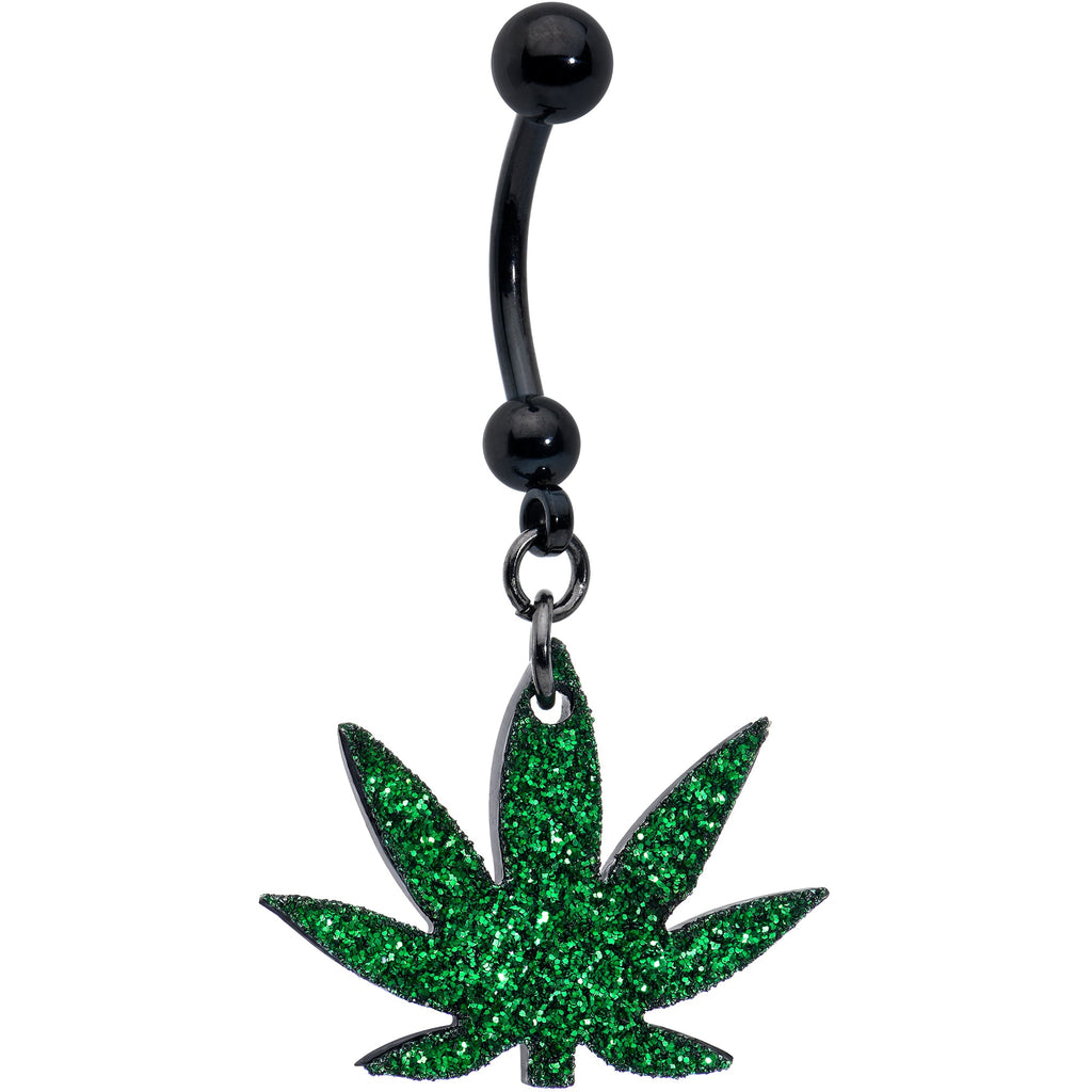 Green Glitter Marijuana Pot Leaf Black Dangle Belly Ring