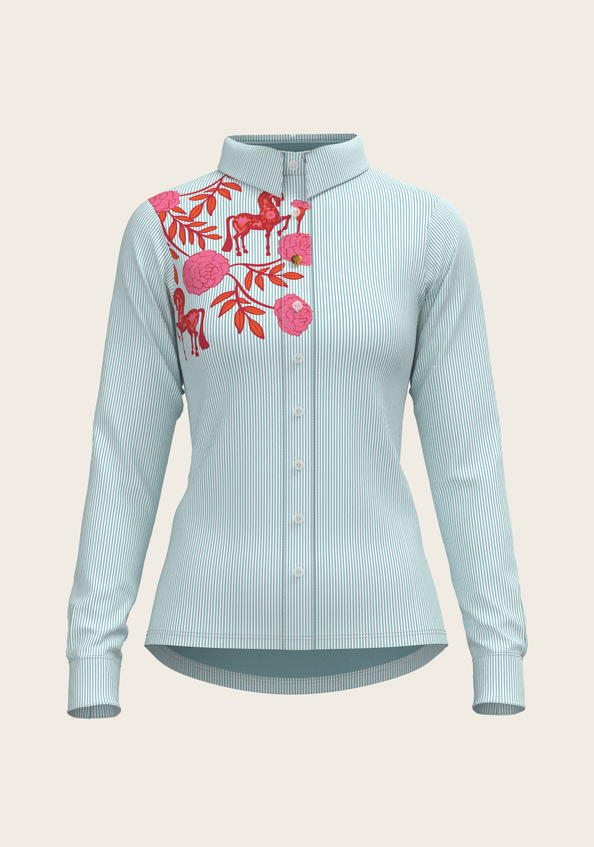 Peony in Pink on Blue Stripes Ladies Casual Shirt