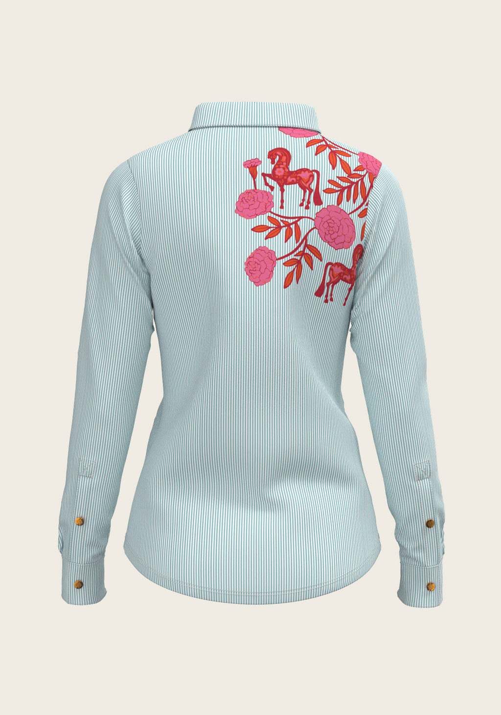 Peony in Pink on Blue Stripes Ladies Casual Shirt