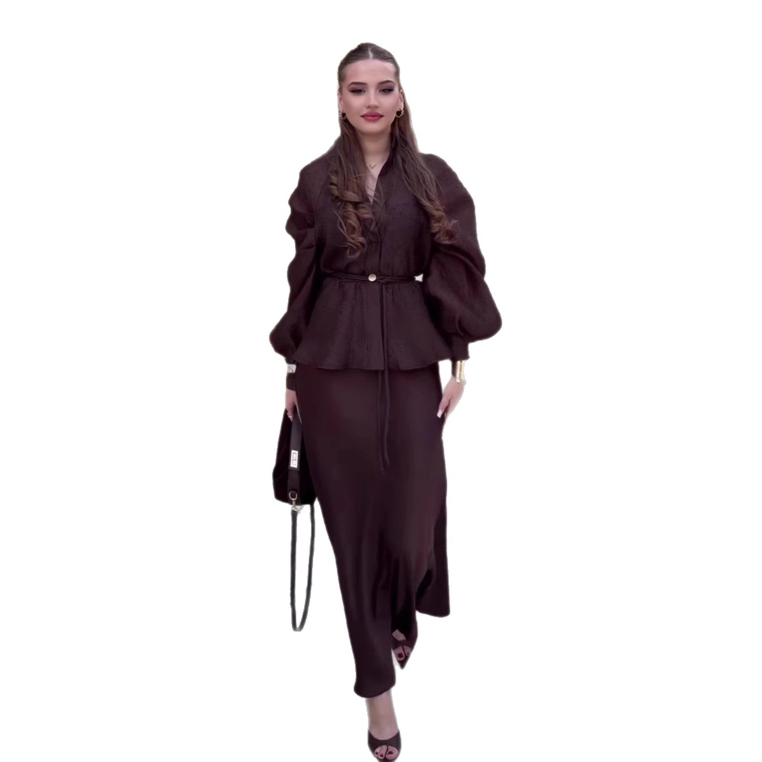 Chic V-Neck Fitted Long Sleeve Cardigan Top with High-Waisted Skirt Set for Women