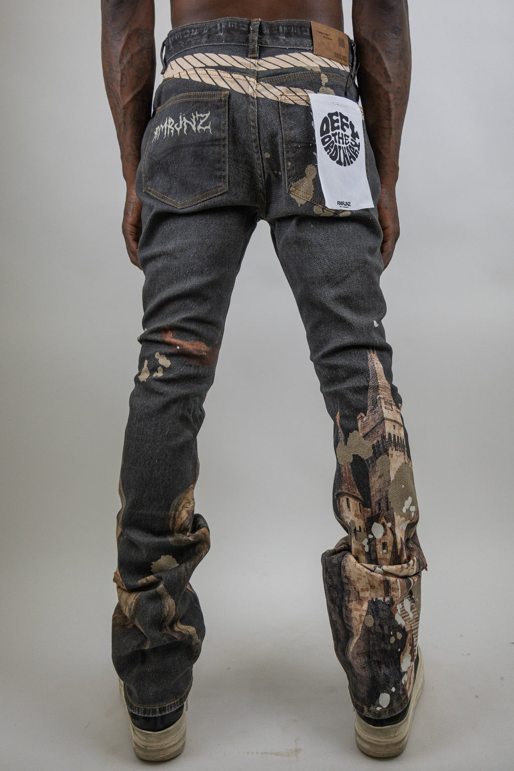 RM203SK - Graphic Printed Stacked Jeans