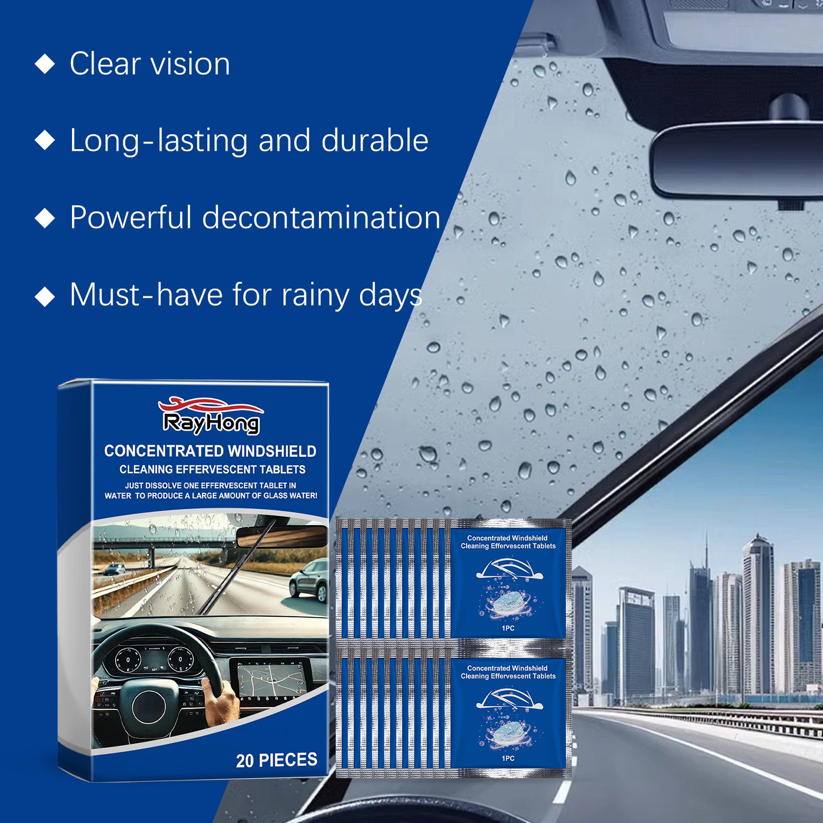 Rayhong Windshield Cleaning Tablet Car Window Glass Stains Water Stain Waterproof Cleaning Effervescent Tablet